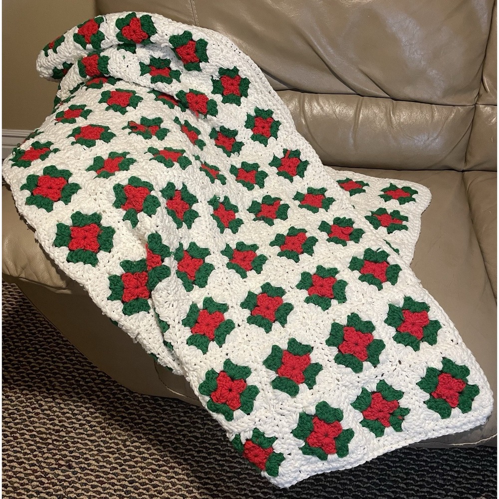 Handmade Crochet Christmas Afghan Throw Granny Square Blanket 45" x 45" White
